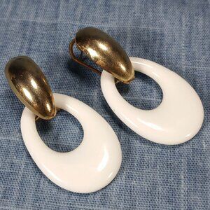 1980s Vintage Hoop Pierced Earrings with White Oval Drops
